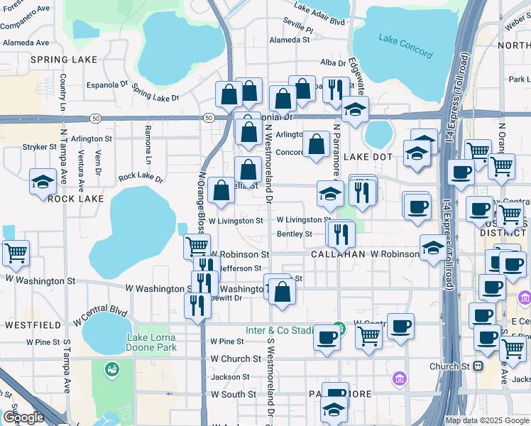 map of restaurants, bars, coffee shops, grocery stores, and more near 411 North Westmoreland Drive in Orlando
