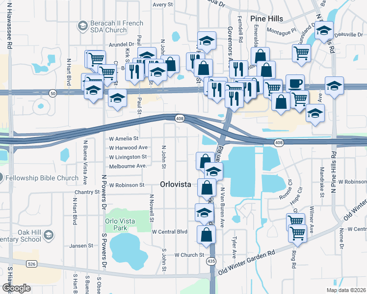 map of restaurants, bars, coffee shops, grocery stores, and more near 452 North Normandale Avenue in Orlando
