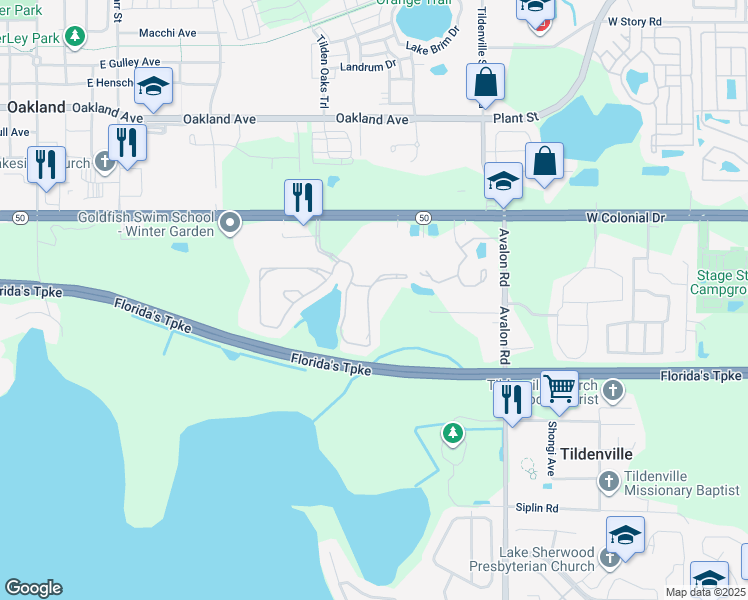 map of restaurants, bars, coffee shops, grocery stores, and more near 1556 Broken Oak Drive in Winter Garden