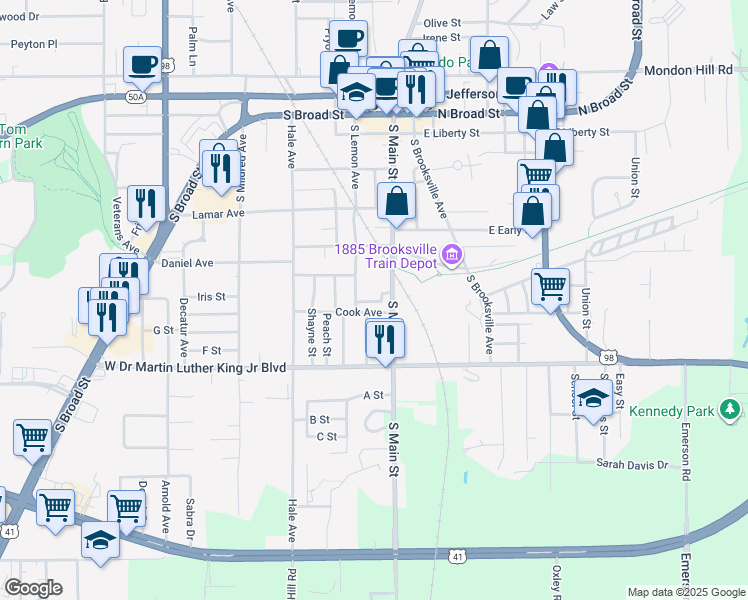 map of restaurants, bars, coffee shops, grocery stores, and more near 764 South Lemon Avenue in Brooksville