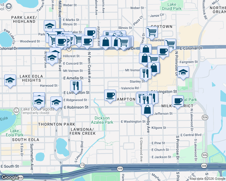 map of restaurants, bars, coffee shops, grocery stores, and more near 1909 East Livingston Street in Orlando