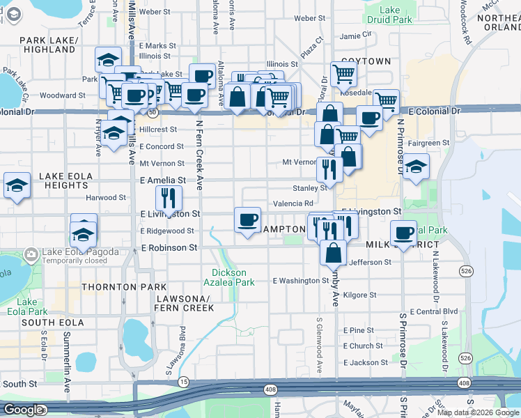 map of restaurants, bars, coffee shops, grocery stores, and more near 1909 East Livingston Street in Orlando