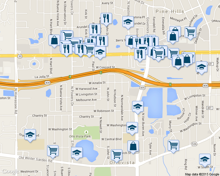 map of restaurants, bars, coffee shops, grocery stores, and more near 435 North John Street in Orlando