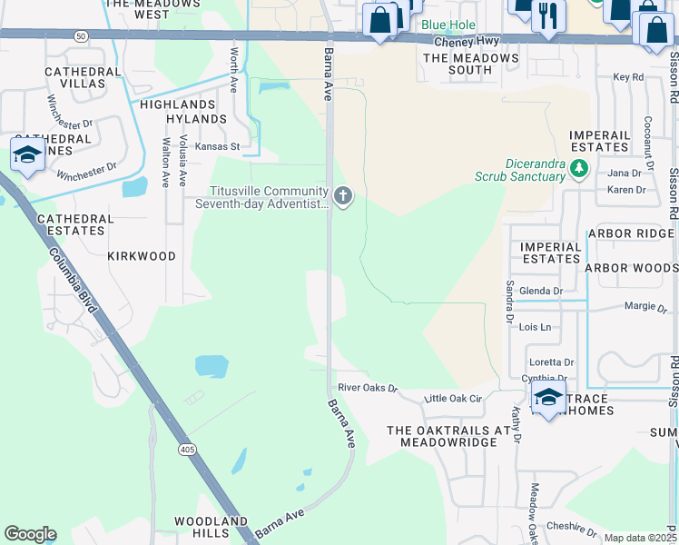 map of restaurants, bars, coffee shops, grocery stores, and more near 5105 Barna Avenue in Titusville
