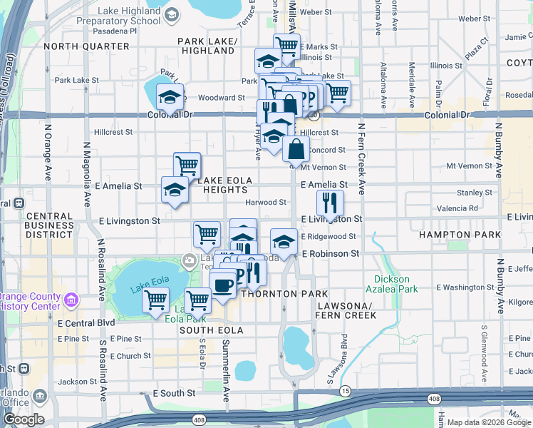 map of restaurants, bars, coffee shops, grocery stores, and more near 407 North Hyer Avenue in Orlando