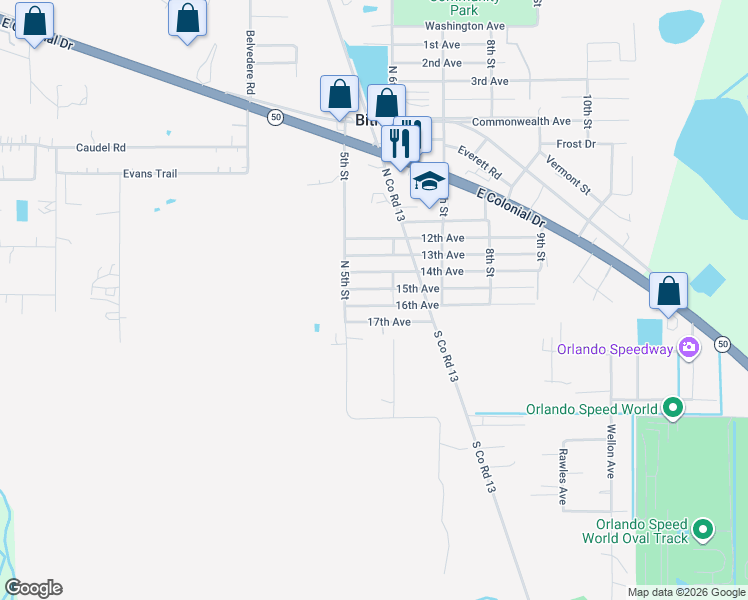 map of restaurants, bars, coffee shops, grocery stores, and more near 18303 16th Avenue in Orlando