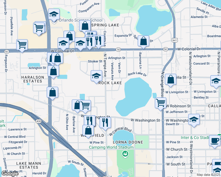 map of restaurants, bars, coffee shops, grocery stores, and more near 408 Ventura Avenue in Orlando