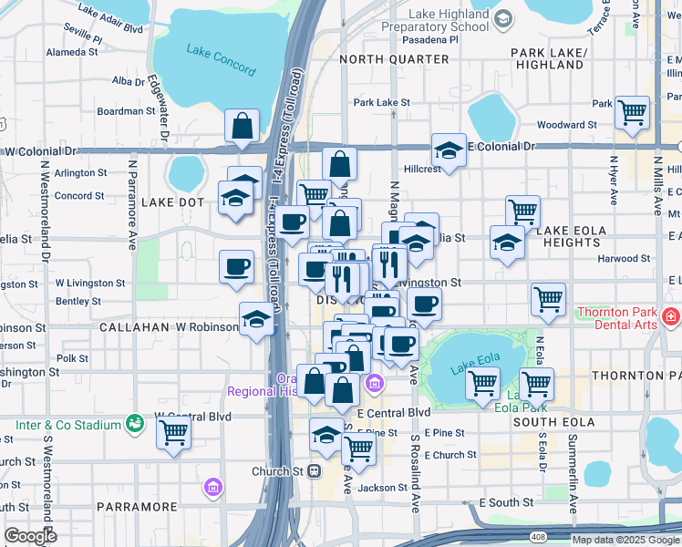 map of restaurants, bars, coffee shops, grocery stores, and more near 410 North Orange Avenue in Orlando