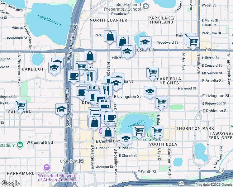 map of restaurants, bars, coffee shops, grocery stores, and more near 123 East Livingston Street in Orlando