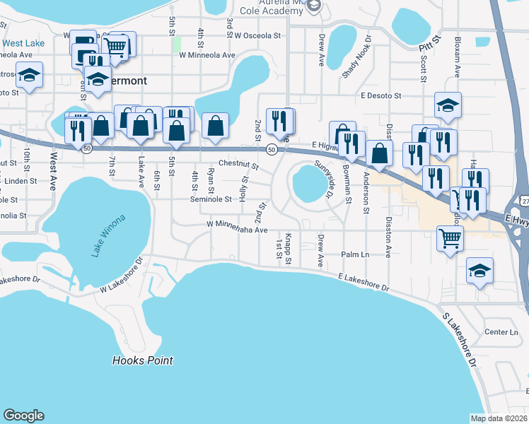 map of restaurants, bars, coffee shops, grocery stores, and more near 1439 2nd Street in Clermont