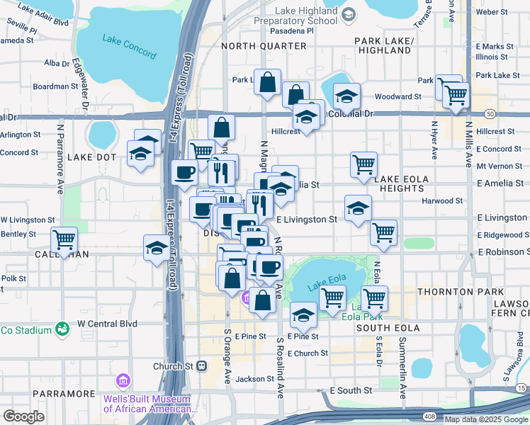 map of restaurants, bars, coffee shops, grocery stores, and more near 411 N Magnolia Ave in Orlando