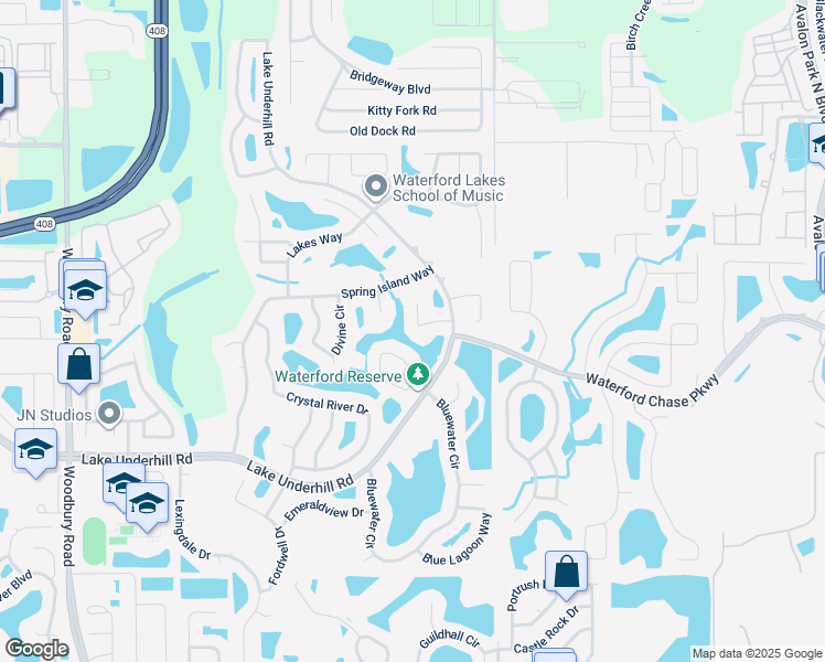 map of restaurants, bars, coffee shops, grocery stores, and more near 600 Lakescape Court in Orlando