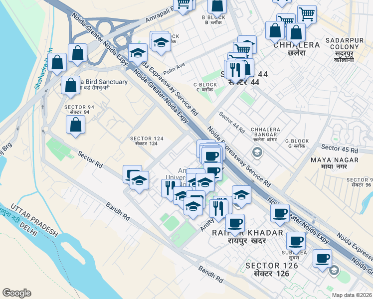 map of restaurants, bars, coffee shops, grocery stores, and more near in Noida