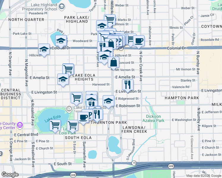 map of restaurants, bars, coffee shops, grocery stores, and more near 400 North Mills Avenue in Orlando