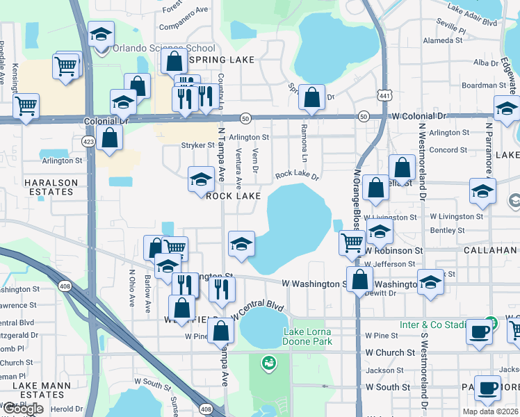 map of restaurants, bars, coffee shops, grocery stores, and more near 411 Rock Lake Drive in Orlando