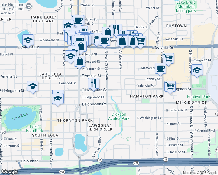 map of restaurants, bars, coffee shops, grocery stores, and more near 405 North Fern Creek Avenue in Orlando
