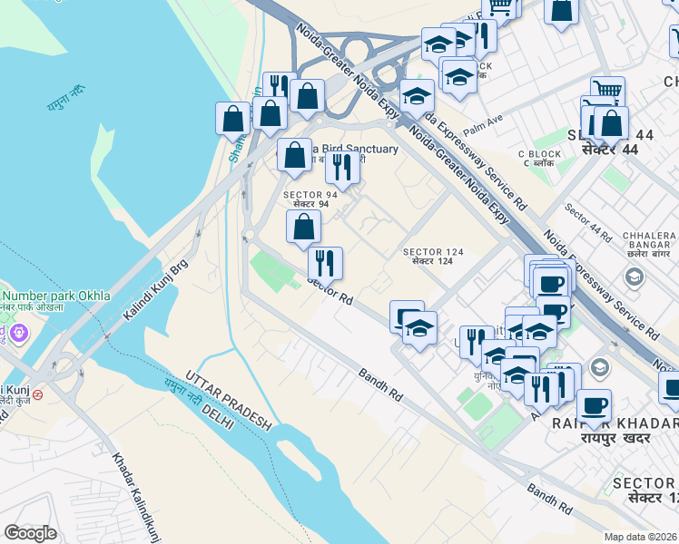 map of restaurants, bars, coffee shops, grocery stores, and more near Sector Road in New Okhla Industrial Development Area