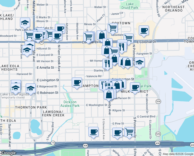 map of restaurants, bars, coffee shops, grocery stores, and more near 2124 Valencia Road in Orlando