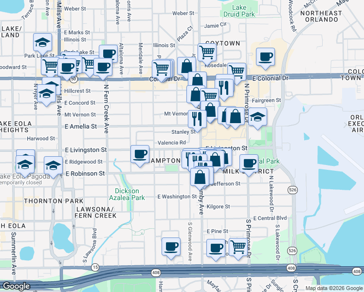 map of restaurants, bars, coffee shops, grocery stores, and more near 2124 Valencia Road in Orlando