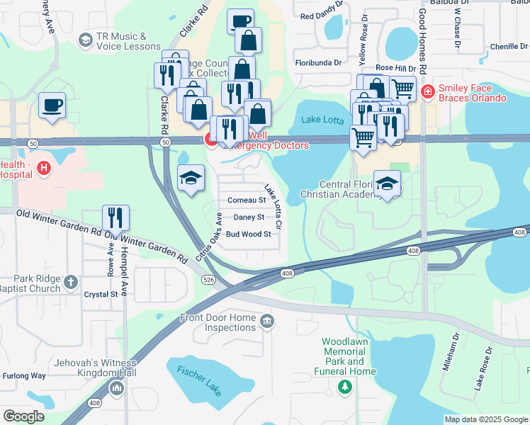 map of restaurants, bars, coffee shops, grocery stores, and more near 9317 Daney St in Gotha