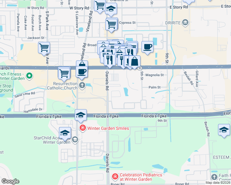 map of restaurants, bars, coffee shops, grocery stores, and more near 1409 Daniels Cove Drive in Winter Garden