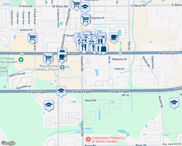map of restaurants, bars, coffee shops, grocery stores, and more near 1409 Daniels Cove Drive in Winter Garden