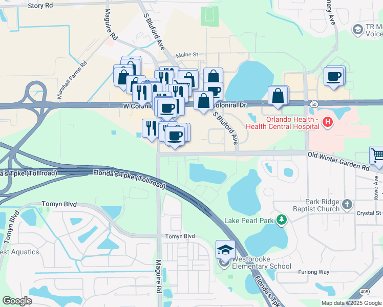 map of restaurants, bars, coffee shops, grocery stores, and more near 2787 Old Winter Garden Rd in Ocoee