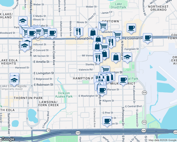 map of restaurants, bars, coffee shops, grocery stores, and more near 2124 Valencia Road in Orlando