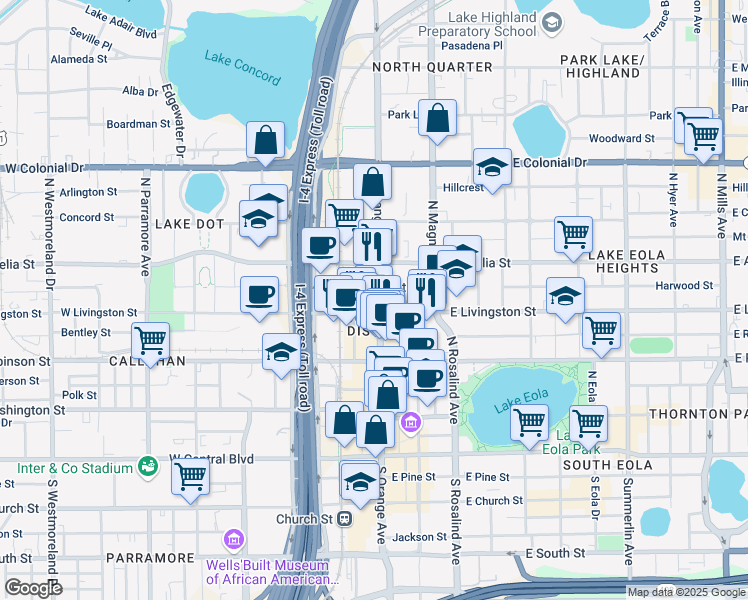 map of restaurants, bars, coffee shops, grocery stores, and more near in Orlando