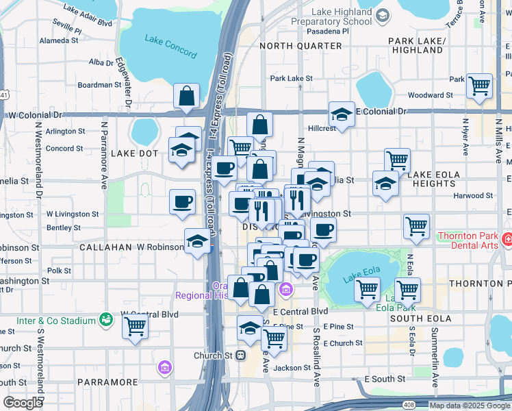 map of restaurants, bars, coffee shops, grocery stores, and more near in Orlando