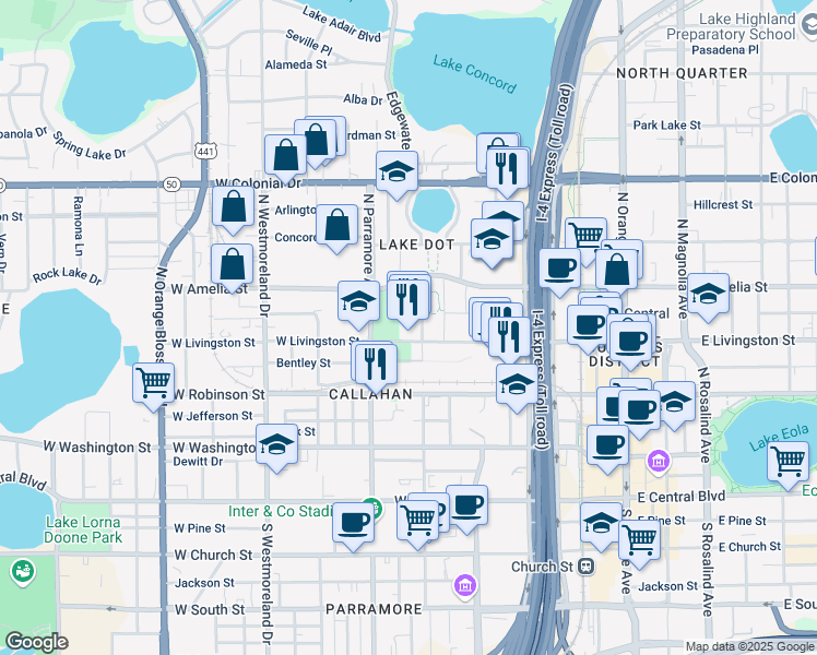map of restaurants, bars, coffee shops, grocery stores, and more near in Orlando