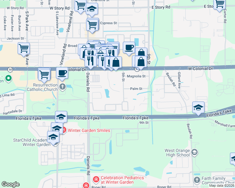 map of restaurants, bars, coffee shops, grocery stores, and more near 167 Windtree Lane in Winter Garden