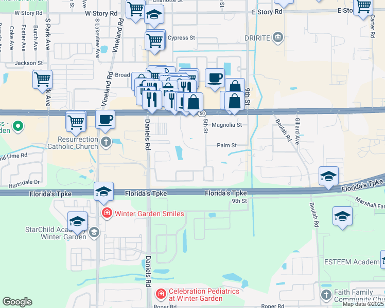 map of restaurants, bars, coffee shops, grocery stores, and more near 51 Windtree Lane in Winter Garden