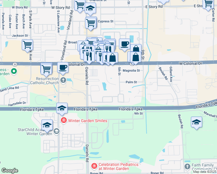 map of restaurants, bars, coffee shops, grocery stores, and more near 51 Windtree Lane in Winter Garden