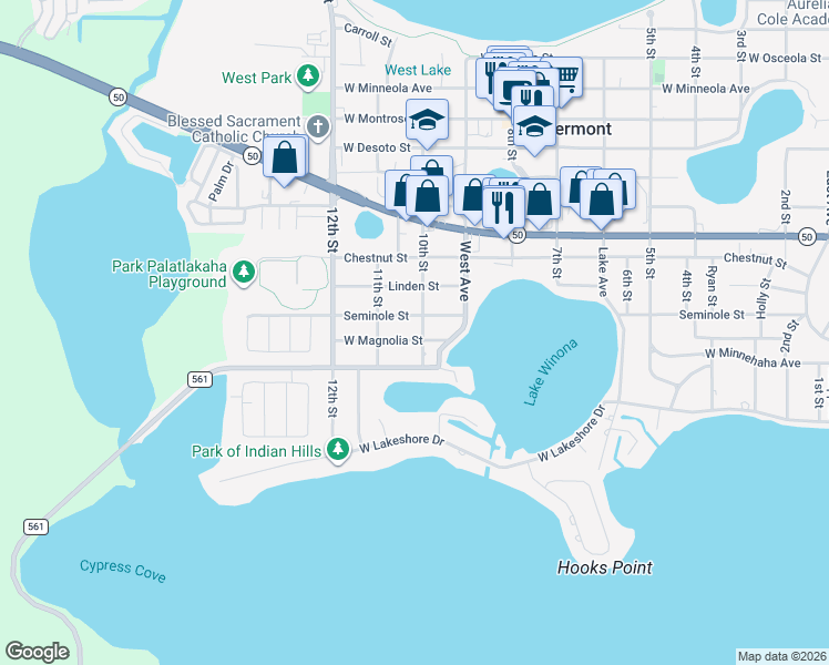 map of restaurants, bars, coffee shops, grocery stores, and more near 1438 10th Street in Clermont