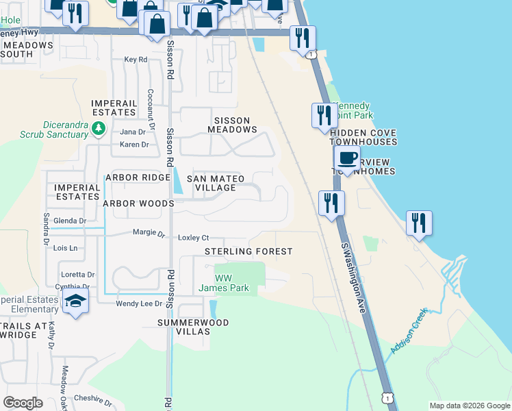 map of restaurants, bars, coffee shops, grocery stores, and more near 314 San Mateo Boulevard in Titusville