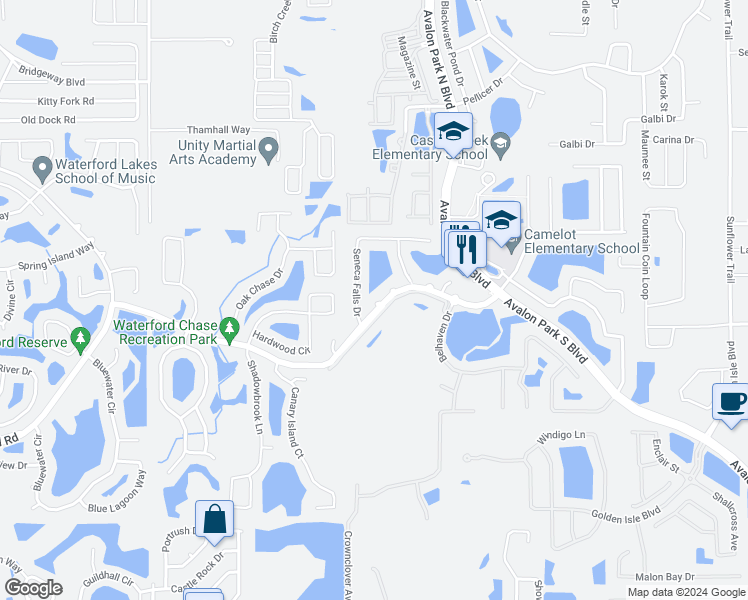 map of restaurants, bars, coffee shops, grocery stores, and more near 14317 Waterford Chase Parkway in Orlando