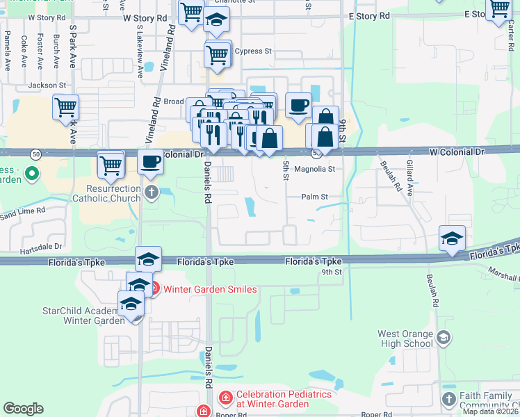 map of restaurants, bars, coffee shops, grocery stores, and more near 51 Windtree Lane in Winter Garden