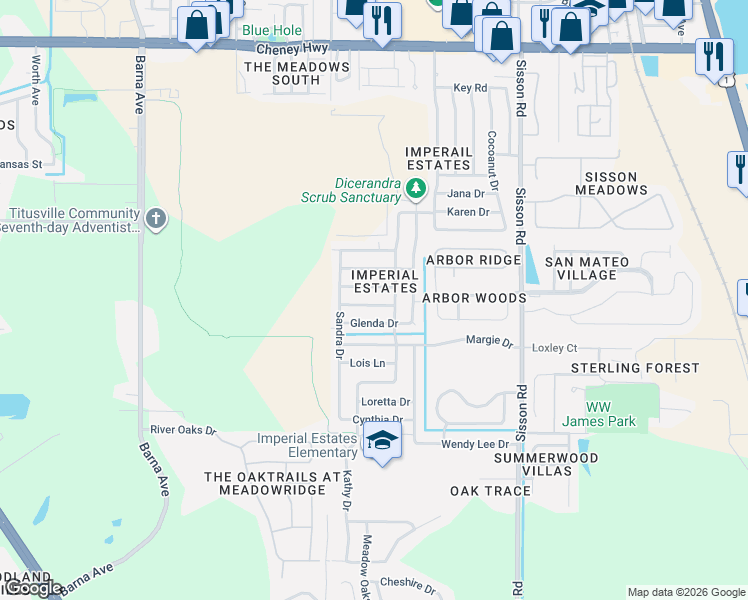 map of restaurants, bars, coffee shops, grocery stores, and more near 920 Cristobal Drive in Titusville
