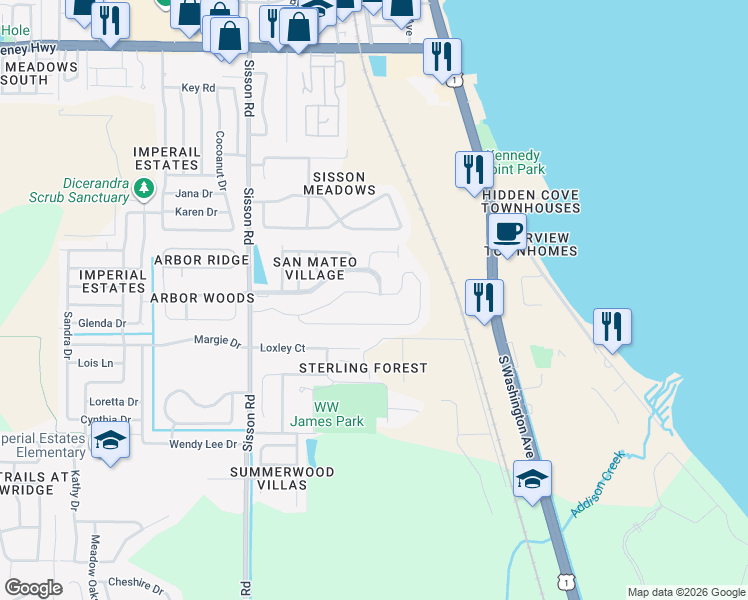 map of restaurants, bars, coffee shops, grocery stores, and more near 314 San Mateo Boulevard in Titusville