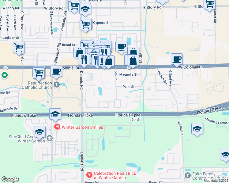 map of restaurants, bars, coffee shops, grocery stores, and more near 167 Windtree Lane in Winter Garden