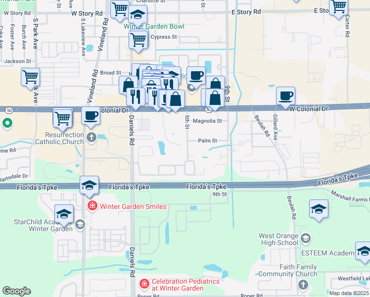 map of restaurants, bars, coffee shops, grocery stores, and more near 167 Windtree Lane in Winter Garden