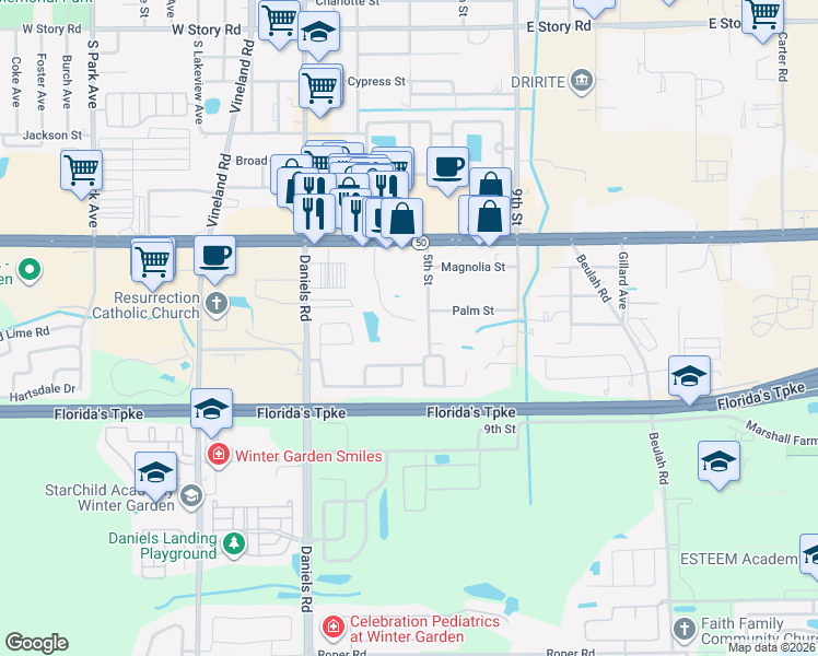 map of restaurants, bars, coffee shops, grocery stores, and more near 167 Windtree Lane in Winter Garden