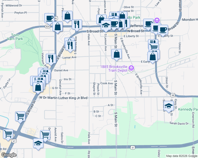 map of restaurants, bars, coffee shops, grocery stores, and more near 740 Bailey Avenue in Brooksville