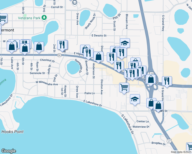 map of restaurants, bars, coffee shops, grocery stores, and more near 1441 Anderson Street in Clermont