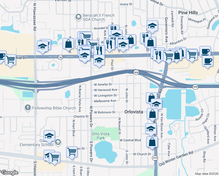 map of restaurants, bars, coffee shops, grocery stores, and more near 6039 West Harwood Avenue in Orlando