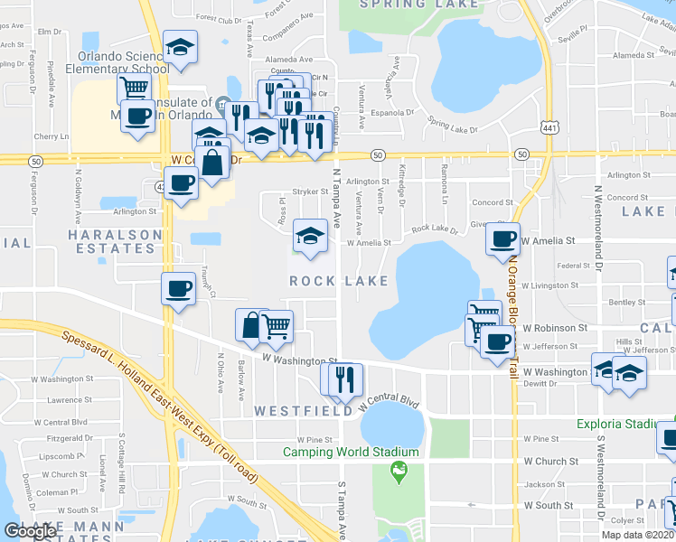 map of restaurants, bars, coffee shops, grocery stores, and more near 434 North Tampa Avenue in Orlando