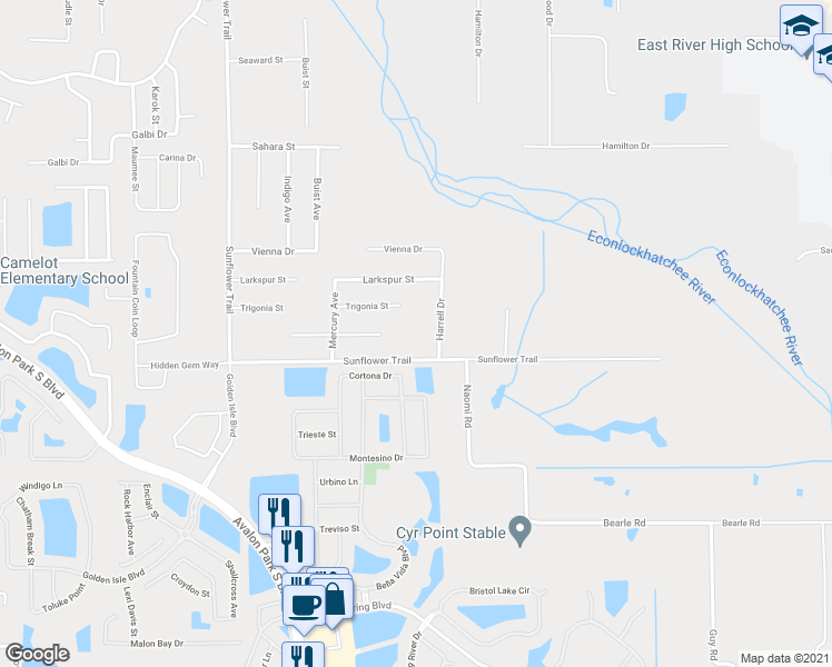 map of restaurants, bars, coffee shops, grocery stores, and more near 15800 Sunflower Trail in Orlando