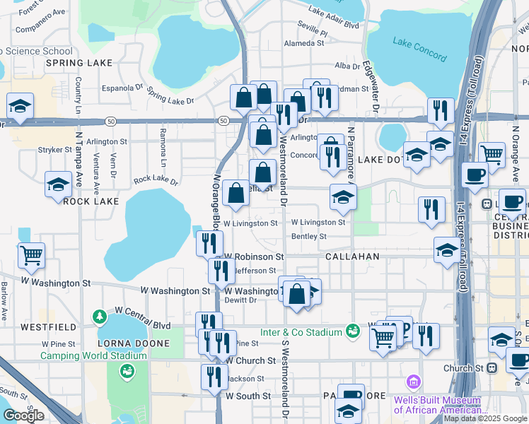 map of restaurants, bars, coffee shops, grocery stores, and more near 1026 Federal Street in Orlando