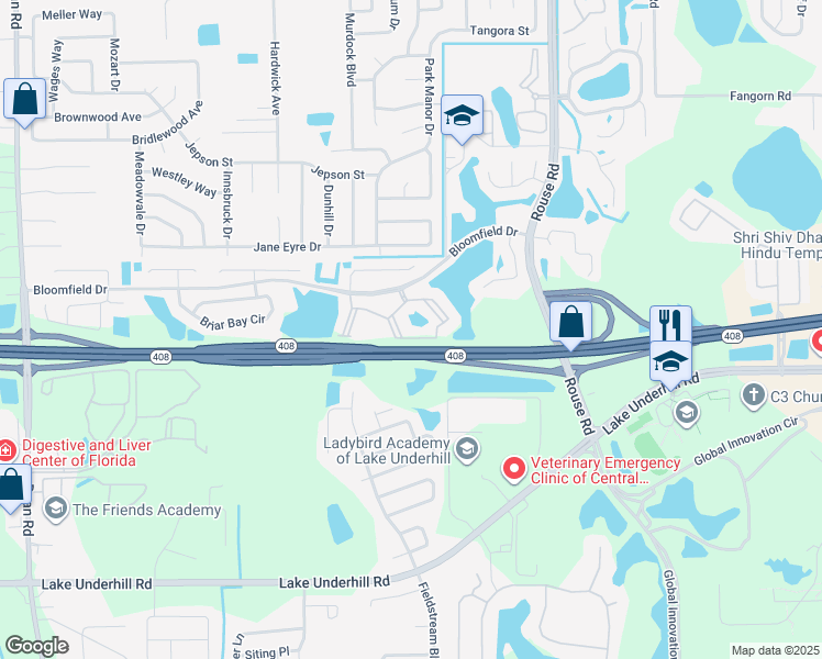 map of restaurants, bars, coffee shops, grocery stores, and more near 10600 Bloomfield Drive in Orlando